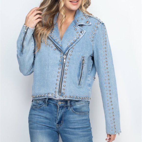 Light Blue Denim Studded Jacket - Picture 6 of 13